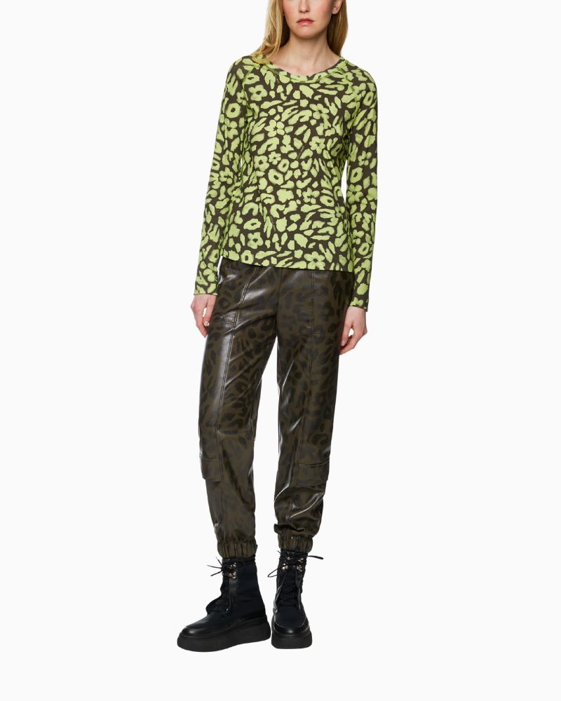 Marc Cain lime leopard print long sleeve tee paired with leopard print pants
