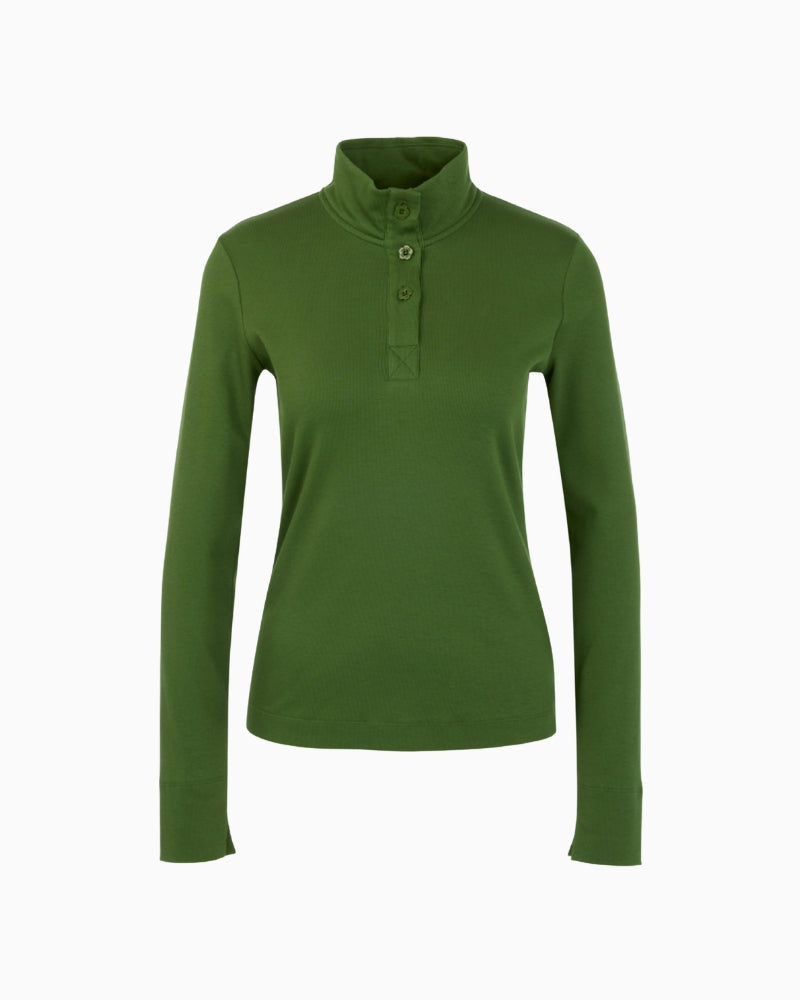 Marc Cain Long-Sleeved Shirt with Stand-Up Collar in Green floral button detail