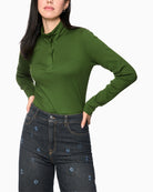 Marc Cain Long-Sleeved Shirt with Stand-Up Collar in Green front view