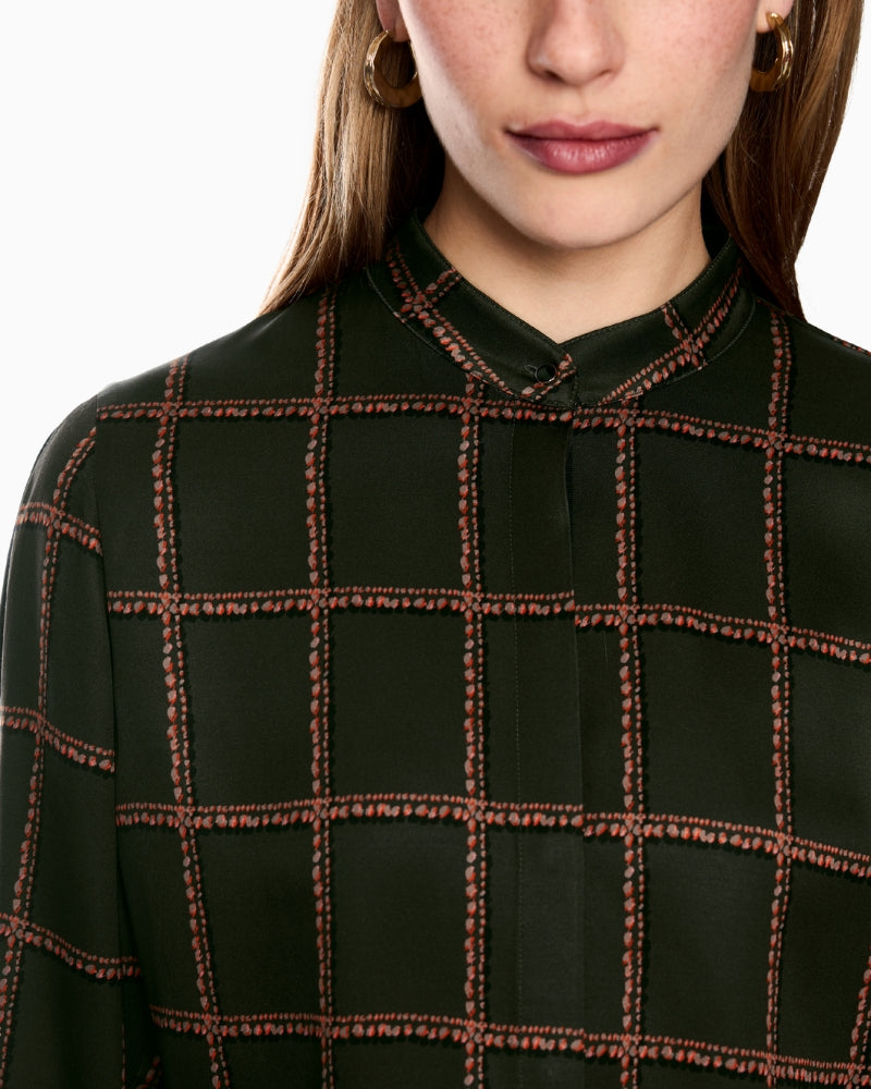 Marc Cain Printed Viscose Blouse in Khaki collar detail