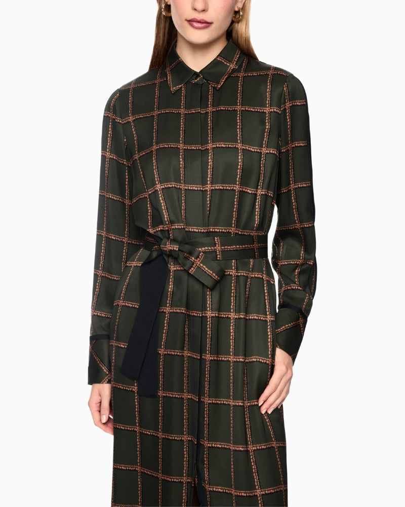 Marc Cain Printed Viscose Dress in Khaki tie belt detail