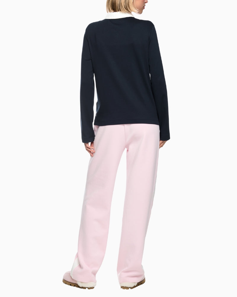 Marc Cain Ribbed Texture Polo Shirt with Stripes in Navy back view