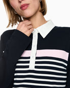 Marc Cain Ribbed Texture Polo Shirt with Stripes in Navy collar detail