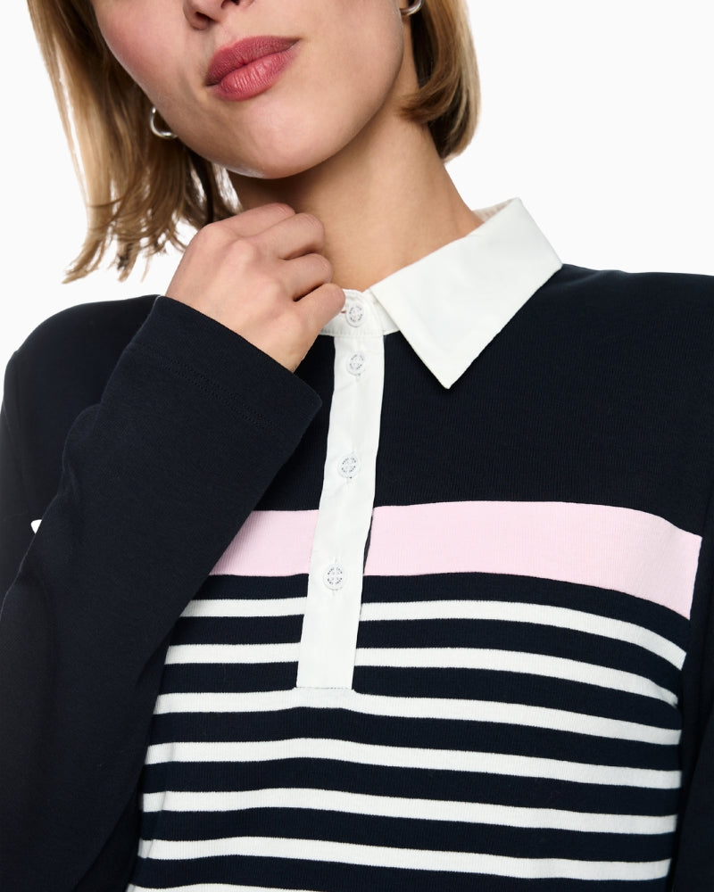 Marc Cain Ribbed Texture Polo Shirt with Stripes in Navy collar detail
