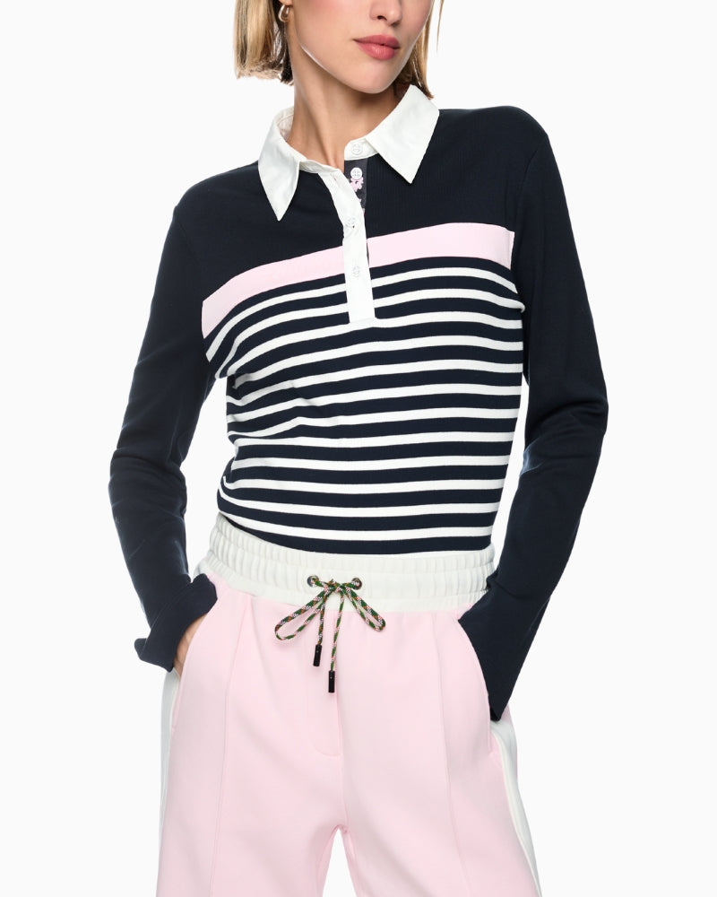 Marc Cain Ribbed Texture Polo Shirt with Stripes in Navy front view