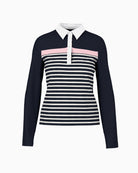 Marc Cain Ribbed Texture Polo Shirt with Stripes in Navy ribbed texture detail