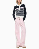 Marc Cain Ribbed Texture Polo Shirt with Stripes in Navy styled view