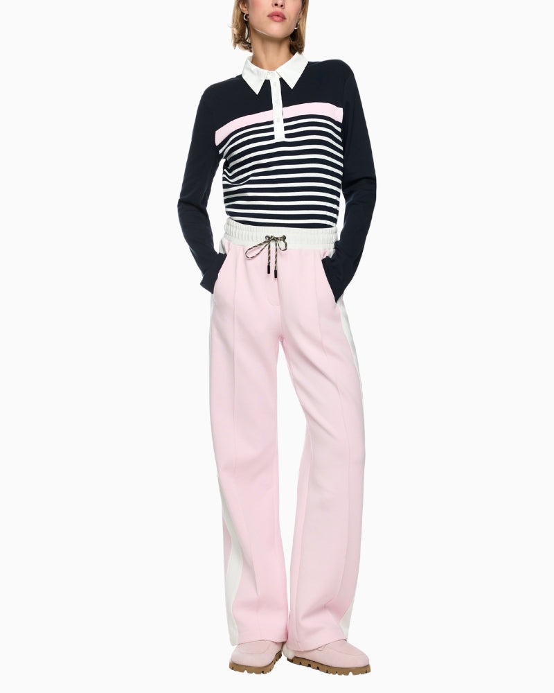 Marc Cain Ribbed Texture Polo Shirt with Stripes in Navy styled view
