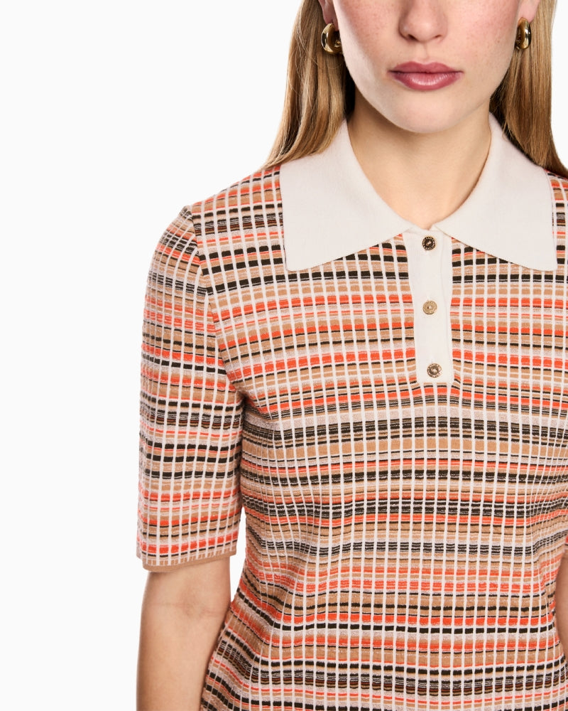 Marc Cain Shimmer Knit Polo Shirt in Orange collar detail