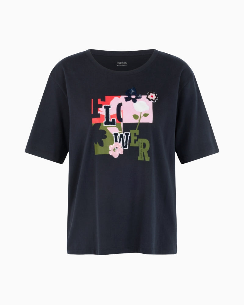 Marc Cain T-Shirt with Print and Sequins in Navy print detail
