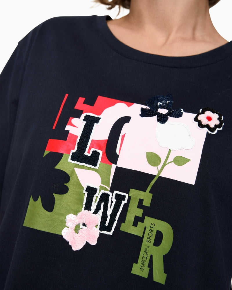 Marc Cain T-Shirt with Print and Sequins in Navy sequin detail