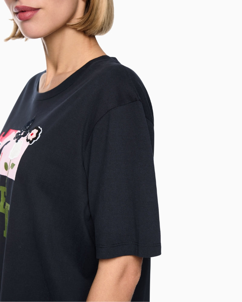Marc Cain T-Shirt with Print and Sequins in Navy sleeve detail