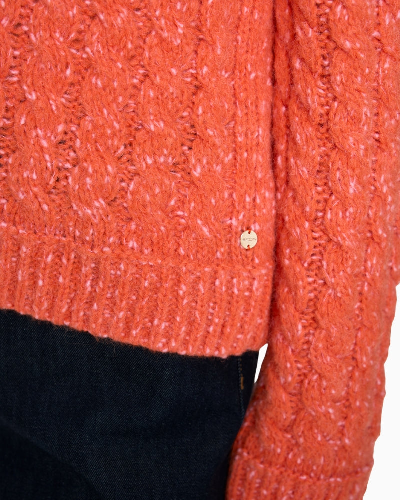 Marc Cain Two-Tone Cable Knit Jumper in Orange logo detail