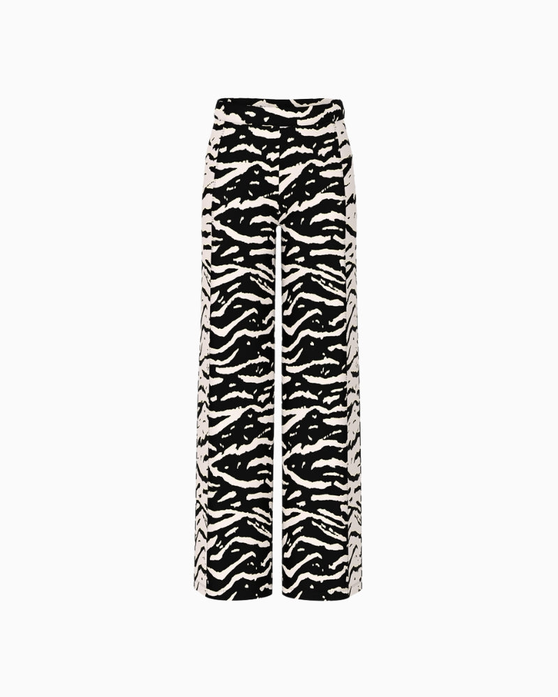 Marc Cain WELKOM wide-leg trousers with animal print black flat lay – Áines Boutique