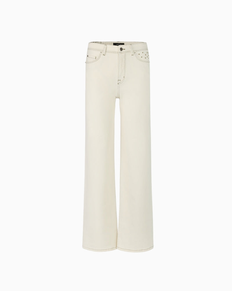 Detail of five-pocket styling with contrast seams
