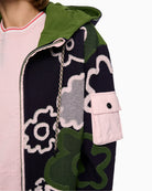 Marc Cain Zip Up Cardigan with Hood in Navy floral detail