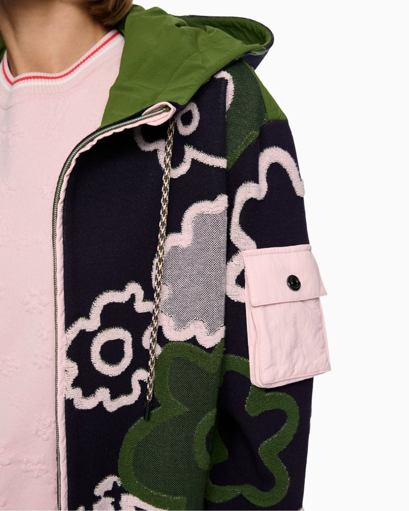 Marc Cain Zip Up Cardigan with Hood in Navy floral detail