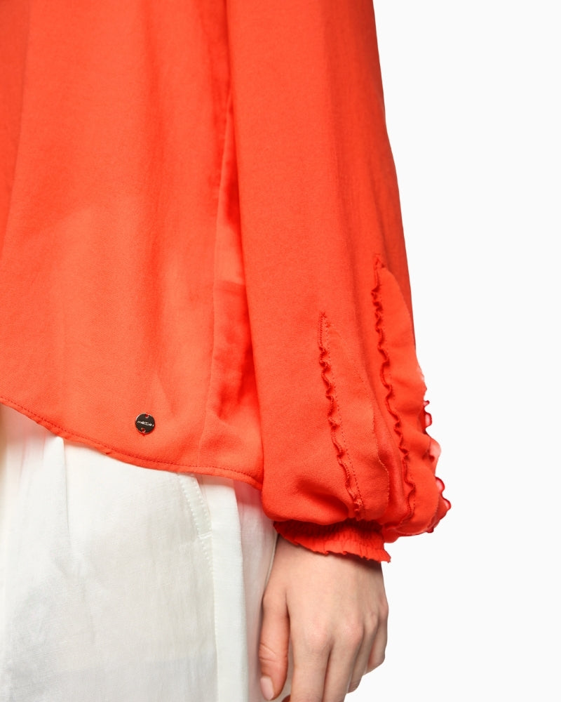 Marc Cain blouse bright tomato sleeve smocked cuff detail