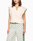 Marc Cain cotton stretch trim T-shirt bright ecru front view with contrast edging