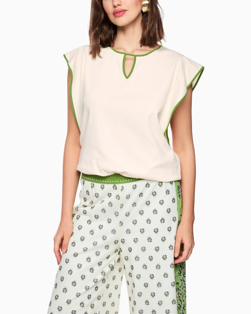 Marc Cain cotton stretch trim T-shirt bright ecru front view with contrast edging