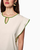 Marc Cain cotton stretch trim T-shirt bright ecru neckline detail with slit