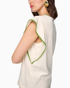 Marc Cain cotton stretch trim T-shirt bright ecru sleeve detail with contrast trim