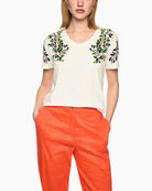 Marc Cain hibiscus print T-shirt off-white front view with embellished shoulders