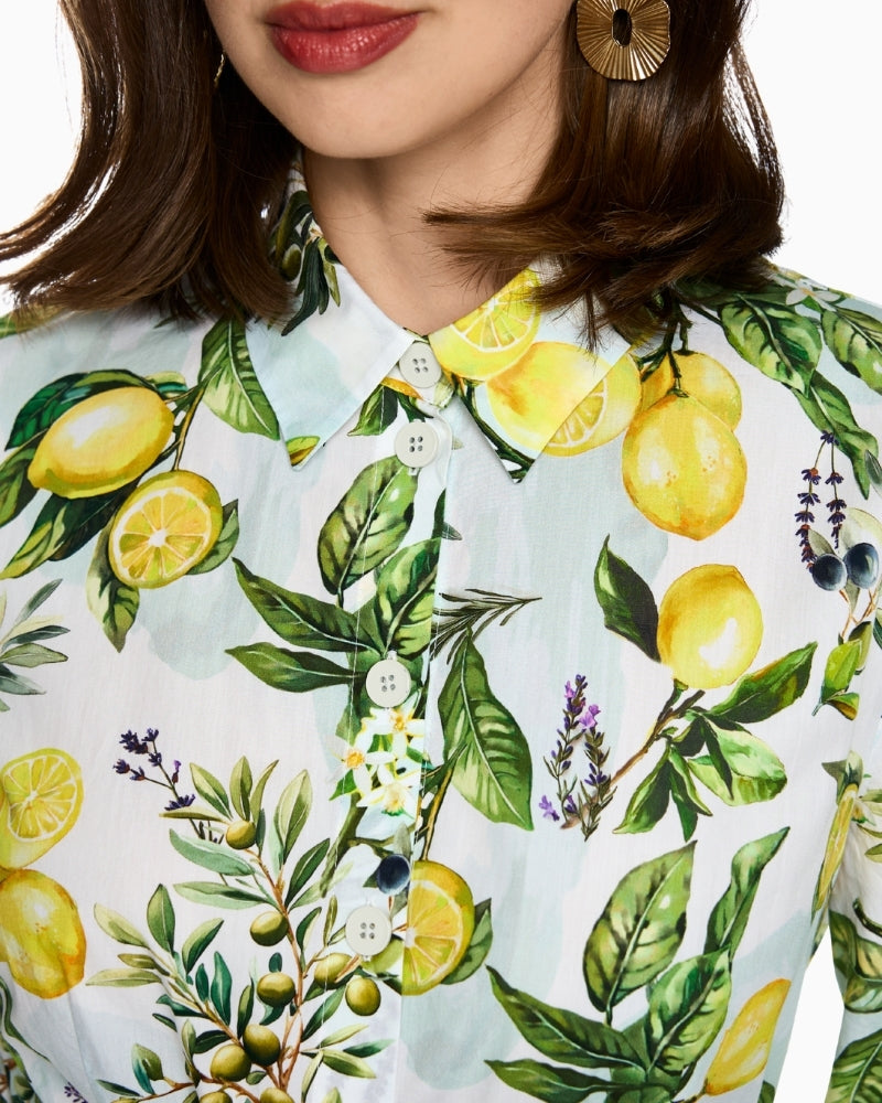 Marc Cain lemon and olive print cotton midi dress in white close-up of print and collar