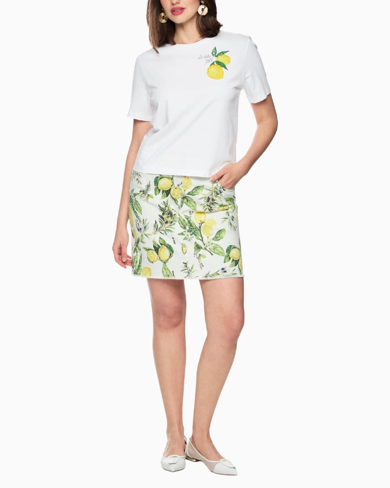 Marc Cain lemon embellished cotton T-shirt in white angled model view