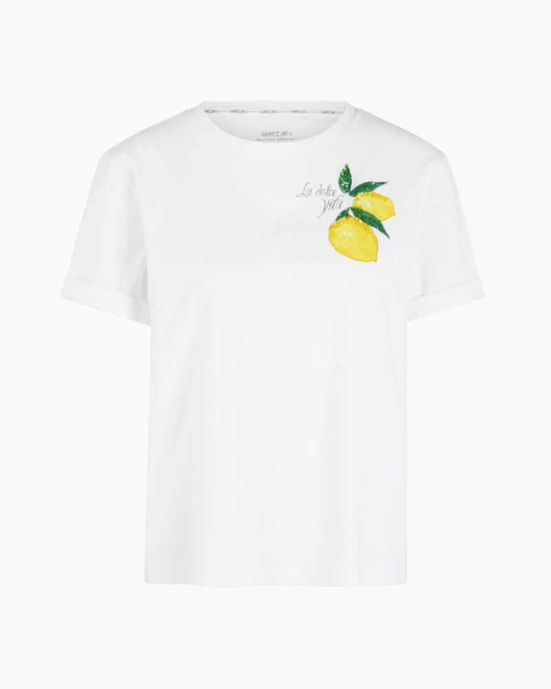Marc Cain lemon embellished cotton T-shirt in white front flat view