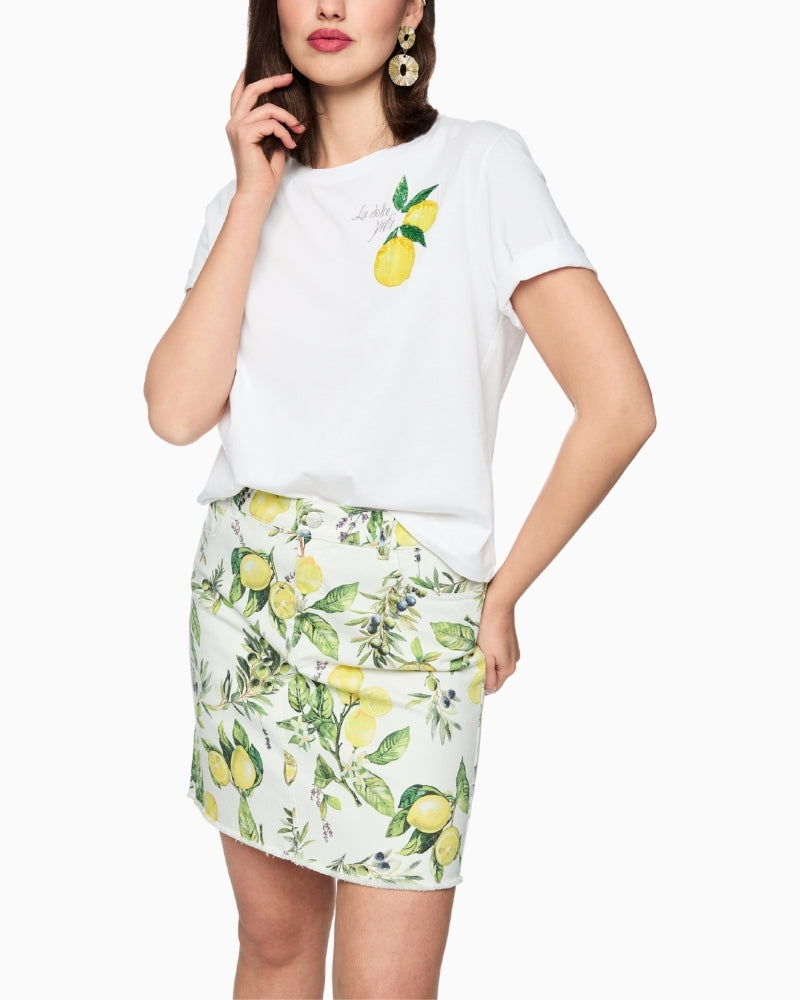 Marc Cain lemon embellished cotton T-shirt in white front model view