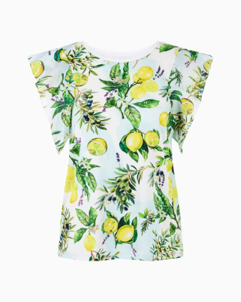 Marc Cain lemon print stretch cotton T-shirt in white front flat view