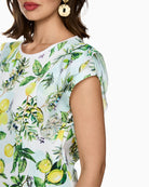 Marc Cain lemon print stretch cotton T-shirt in white sleeve detail