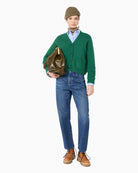 Max Mara Alpaca and Cotton Yarn Cardigan in Green button fastening detail