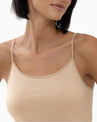 Close up of Skin spaghetti strap top by Mey with slim fit and seamless sides