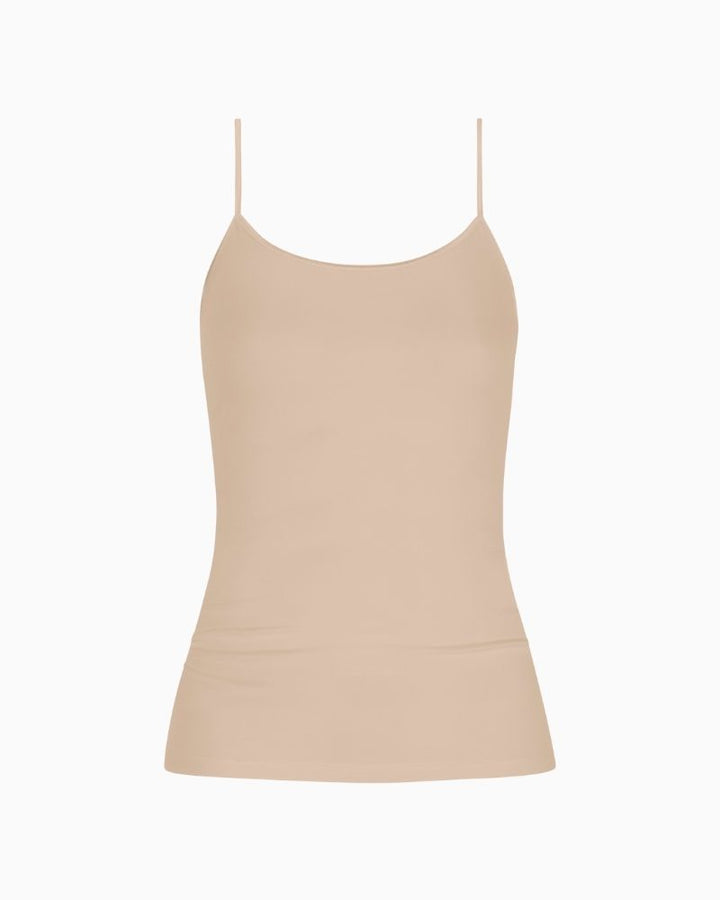 Cream tan spaghetti strap top by Mey with slim fit and seamless sides

