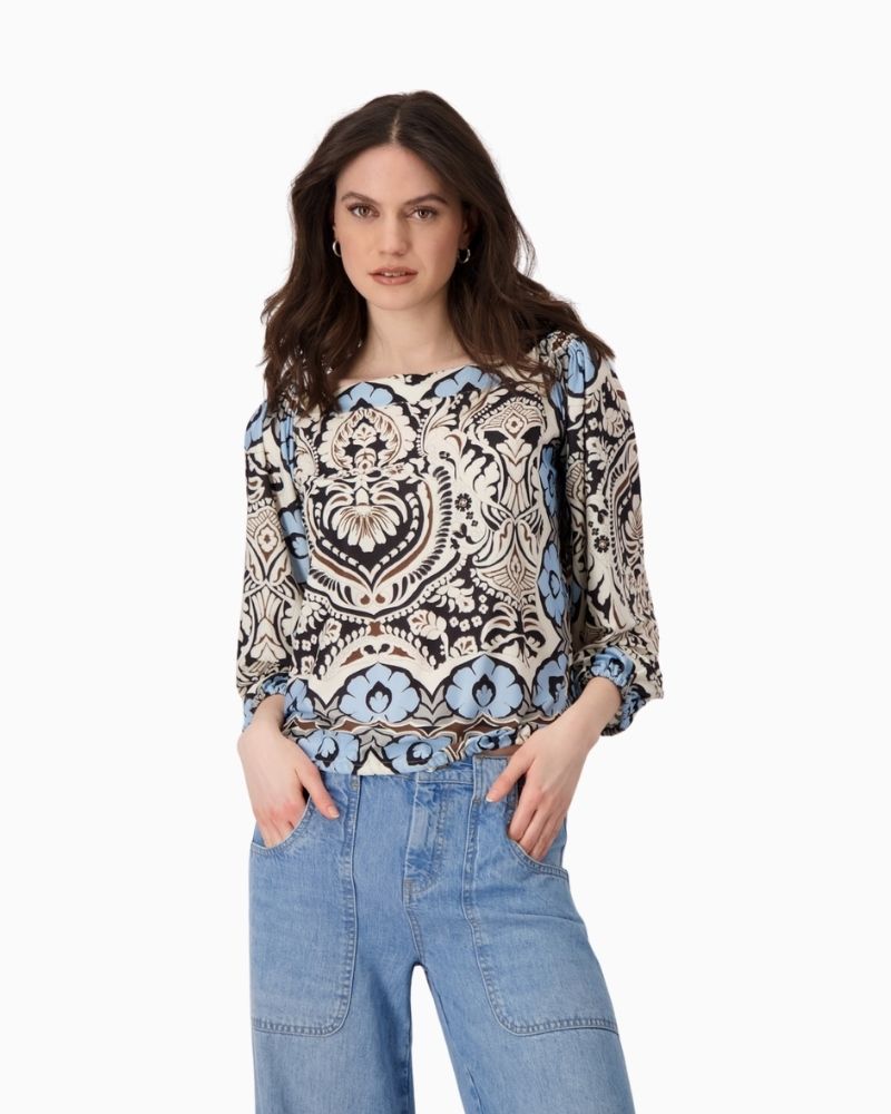 Monari Carmen Blouse with ornamental pattern and elasticated neckline