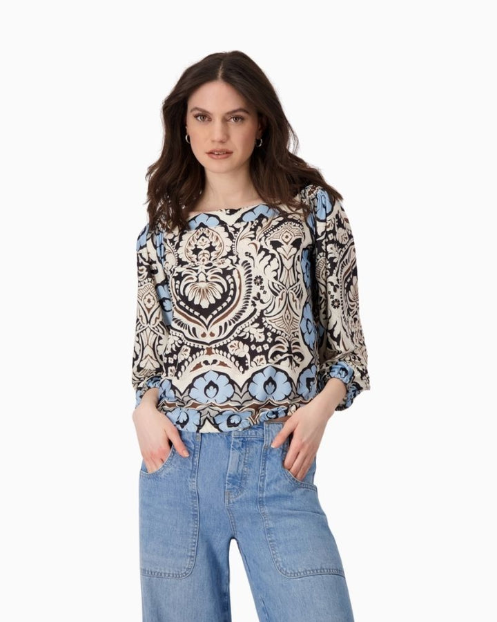 Monari Carmen Blouse with ornamental pattern and elasticated neckline
