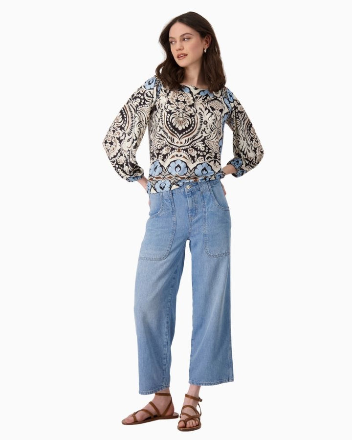 Monari Carmen Blouse with ornamental pattern and elasticated neckline