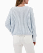 Back view of pale blue chenille sweater with clean design