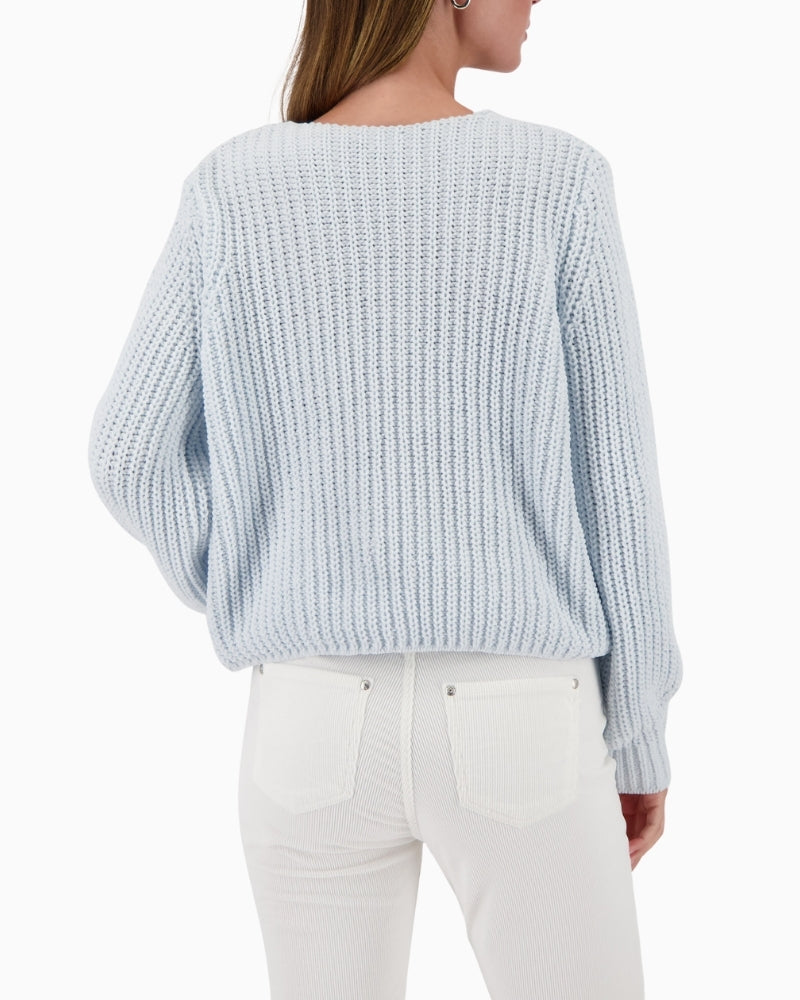 Back view of pale blue chenille sweater with clean design