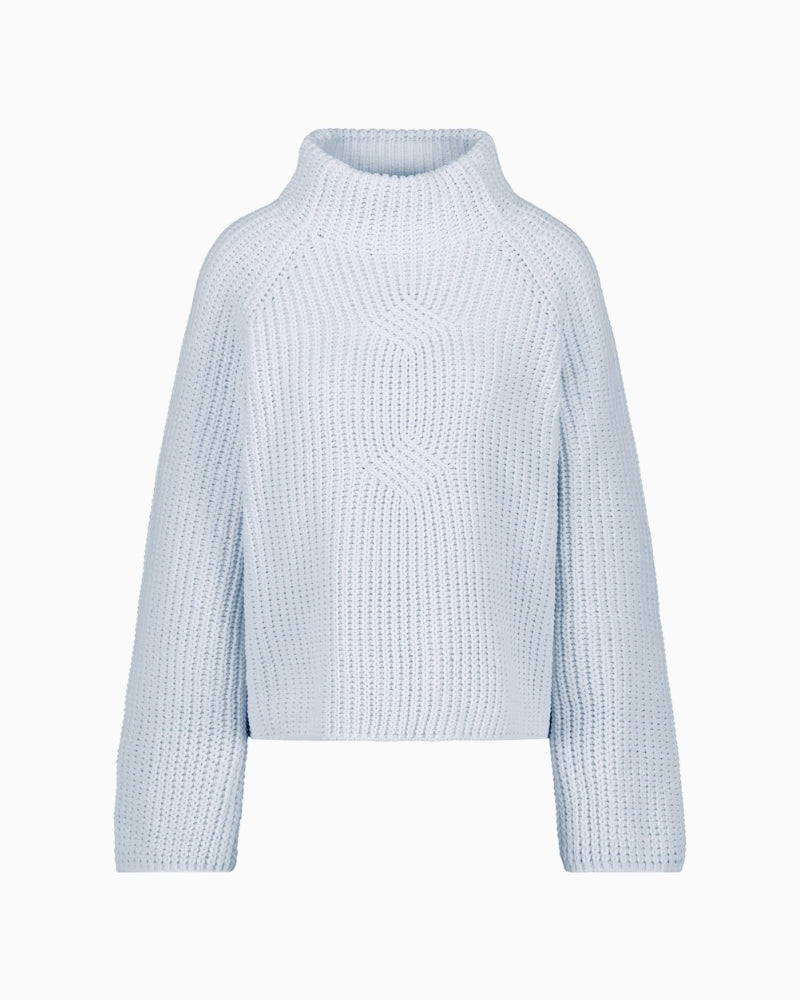 Front view of Monari knit jumper with stand-up collar