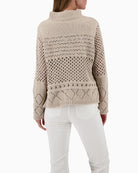 Back view of soft beige openwork sweater with regular fit