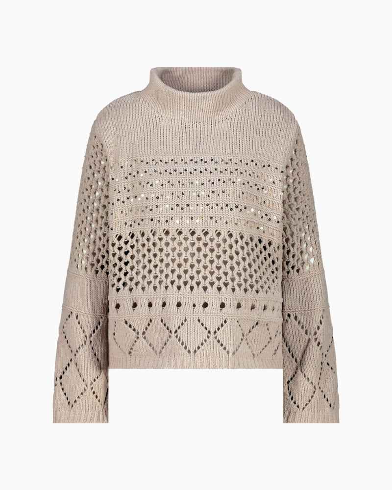 Front view of Monari open knit jumper with sewn-in lurex top