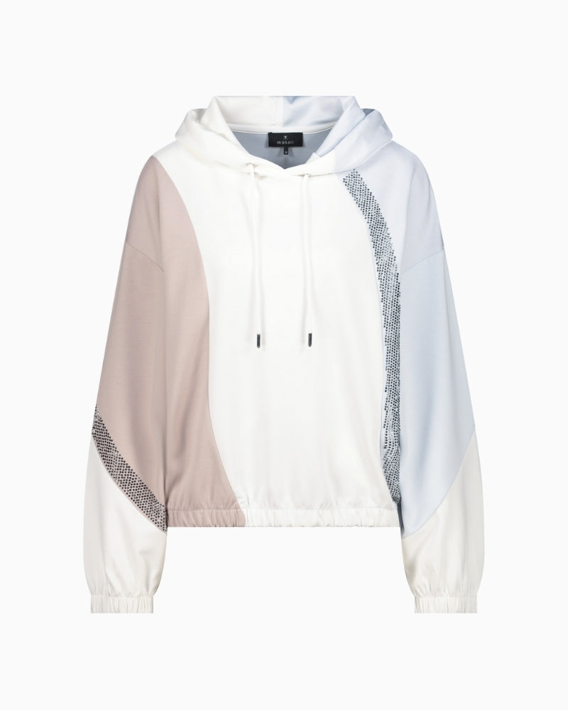 Front view of casual sweatshirt with hood and tonal panels