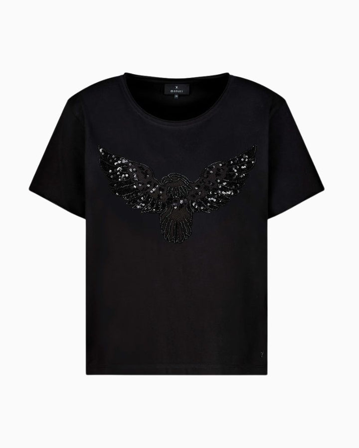 Black cotton T-shirt by Monari with eagle print and pearl detail

