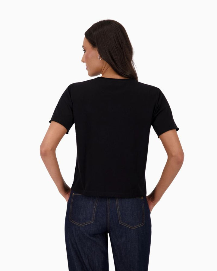 Back view of Black cotton T-shirt by Monari with eagle print and pearl detail

