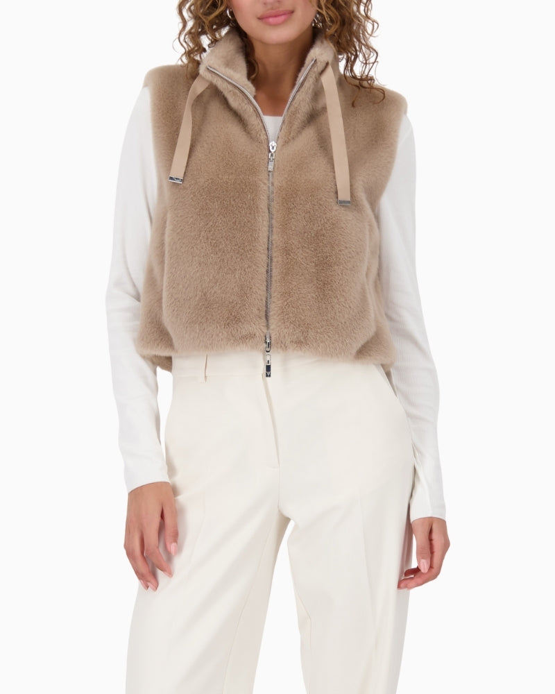 Sleeveless faux fur vest by Monari with stand-up collar and soft fluffy texture