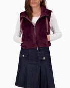 Taupe faux fur vest by Monari with stand-up collar and soft, fluffy texture
