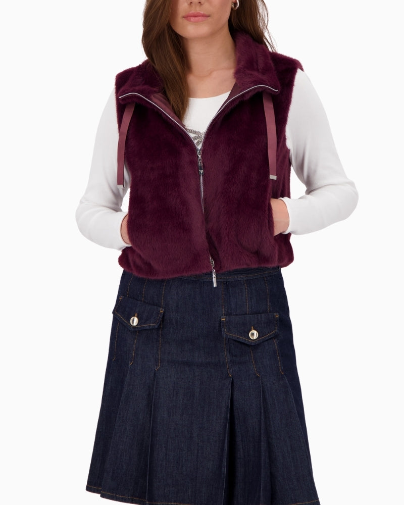 Taupe faux fur vest by Monari with stand-up collar and soft, fluffy texture